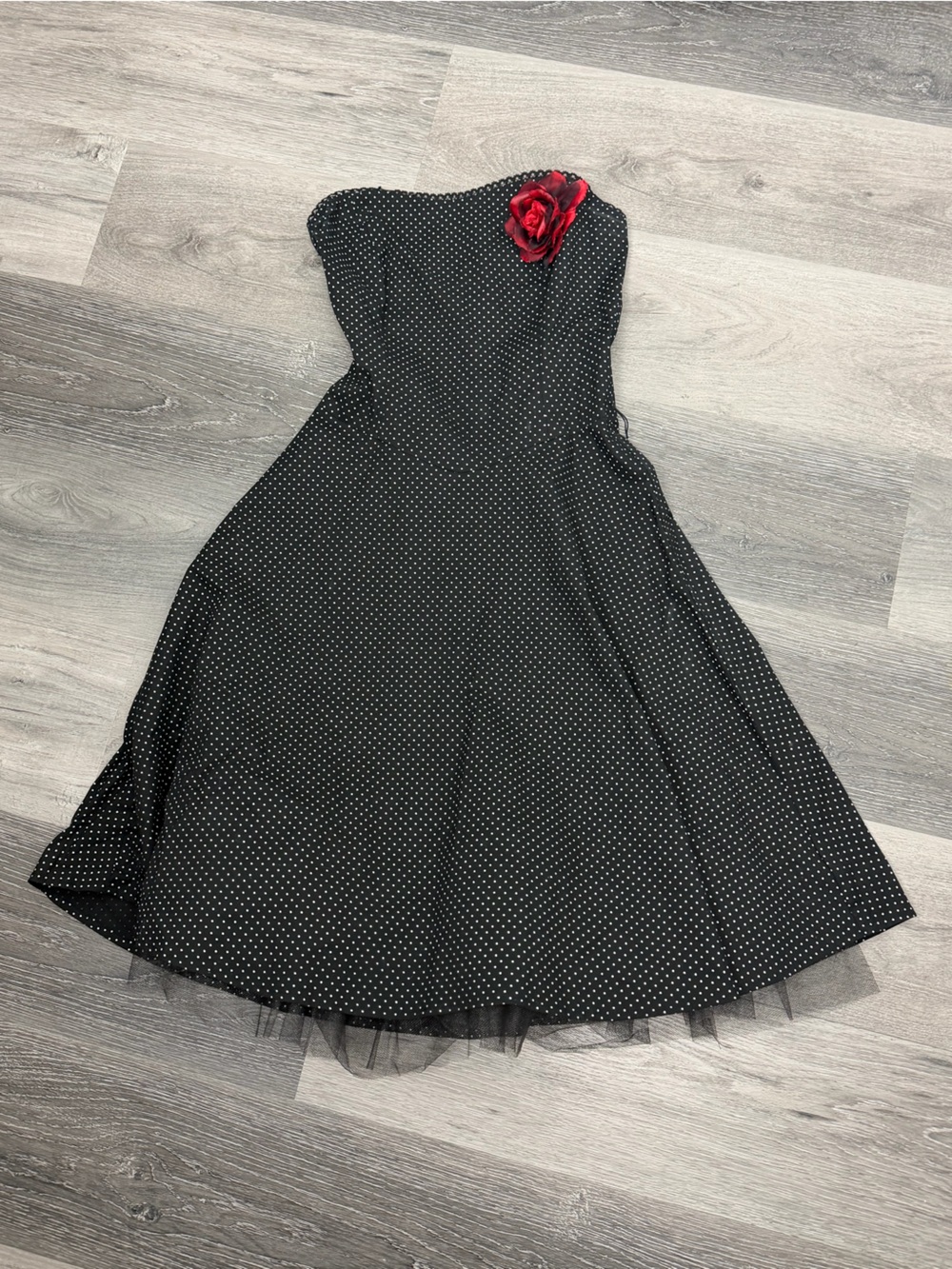 Ruby Rox Black Polka Dot Strapless Skater Dress with Red Rose Accent